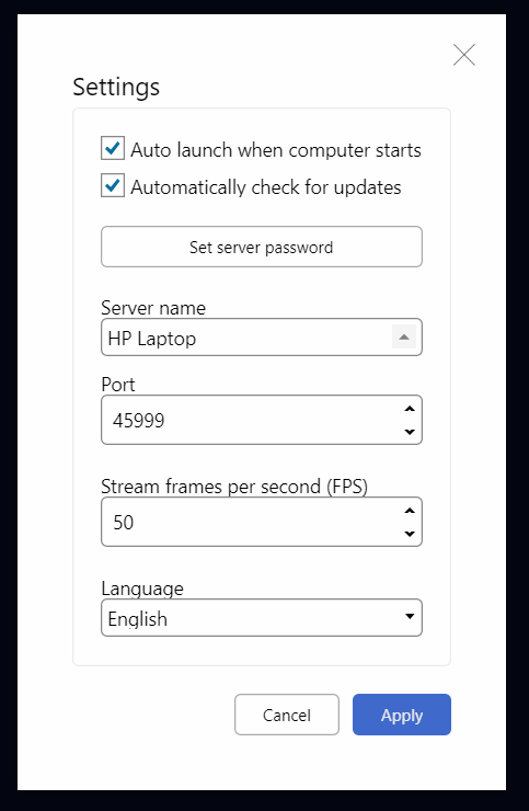 Holo.Server settings menu